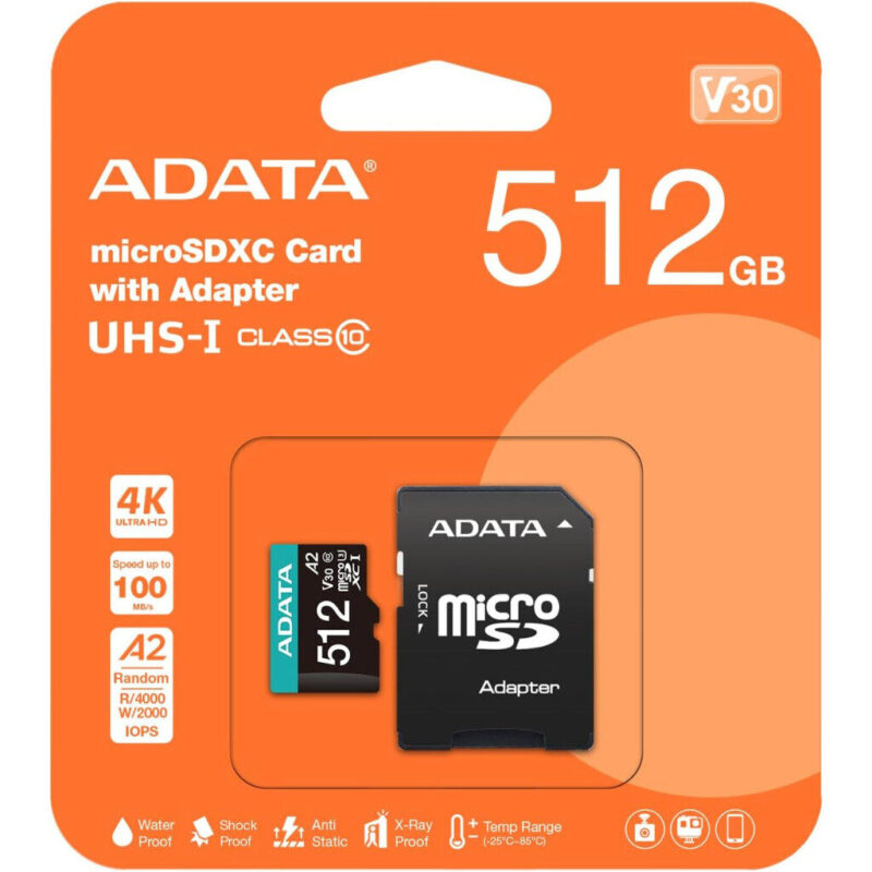Mémoire Micro SD ADATA 512 Go Class 10 + Adaptateur