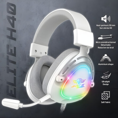 MICRO CASQUE GAMER FILAIRE SPIRIT OF GAMER ELITE H40 ARTIC RGB - BLANC