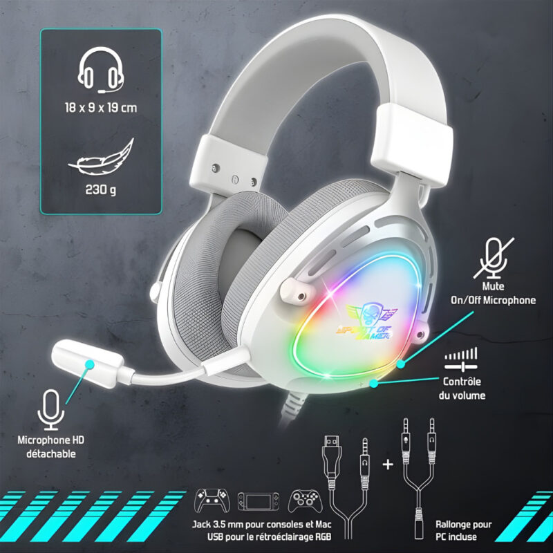 MICRO CASQUE GAMER FILAIRE SPIRIT OF GAMER ELITE H40 ARTIC RGB - BLANC