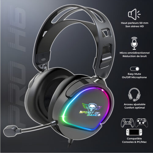 MICRO CASQUE GAMER FILAIRE SPIRIT OF GAMER PRO H6 DARK RGB - NOIR
