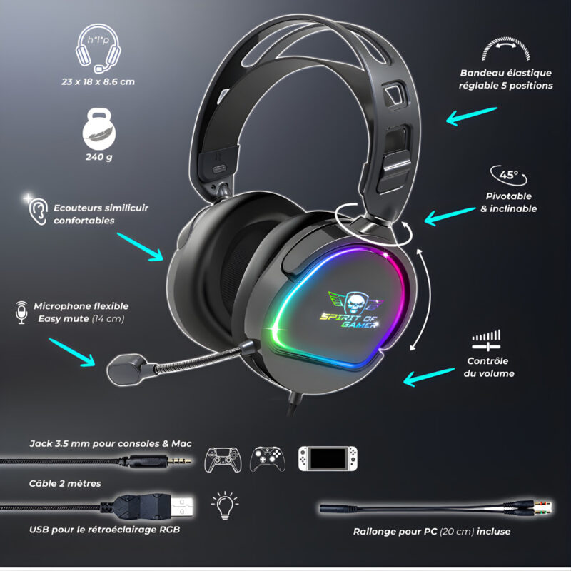 MICRO CASQUE GAMER FILAIRE SPIRIT OF GAMER PRO H6 DARK RGB - NOIR