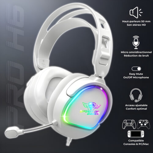 MICRO CASQUE GAMER FILAIRE SPIRIT OF GAMER PRO H6 ARTIC RGB - BLANC