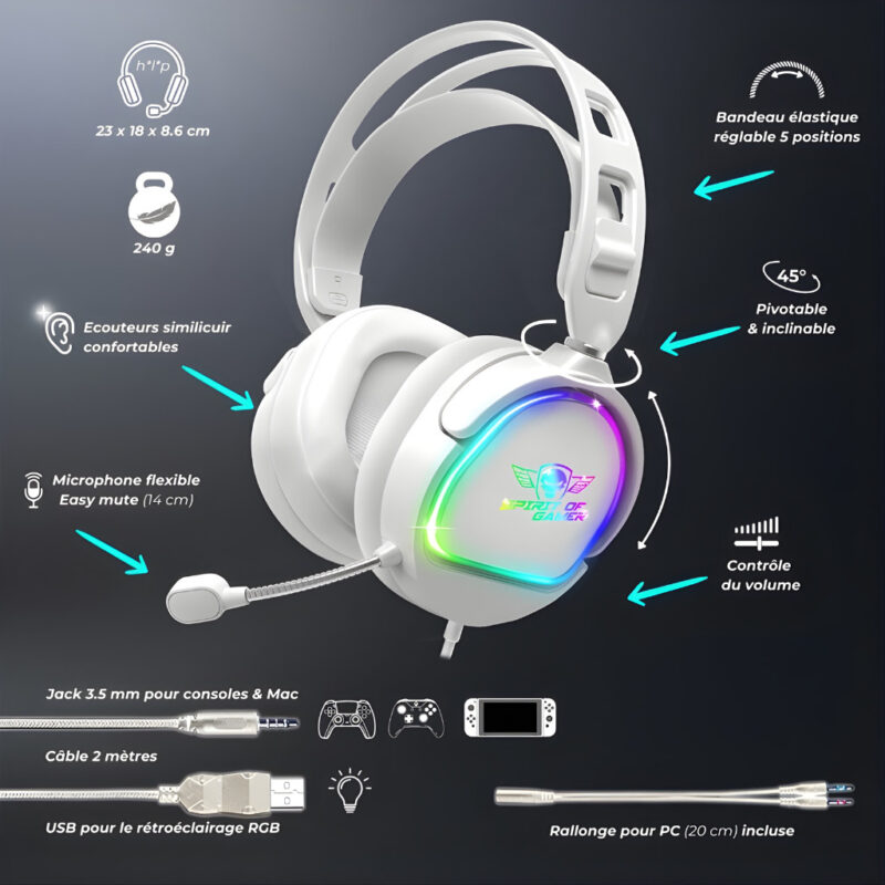 MICRO CASQUE GAMER FILAIRE SPIRIT OF GAMER PRO H6 ARTIC RGB - BLANC